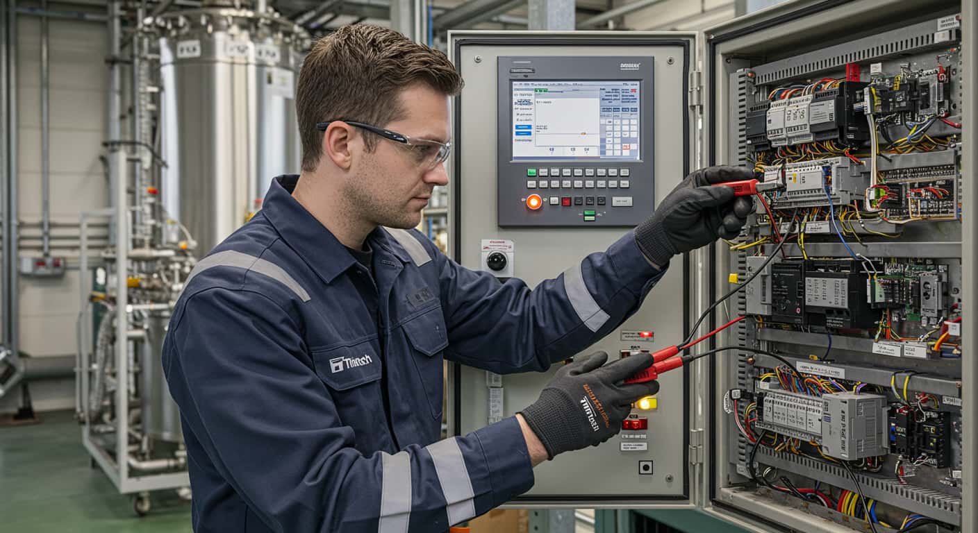 فني يصلح PLC في لوحة التحكم